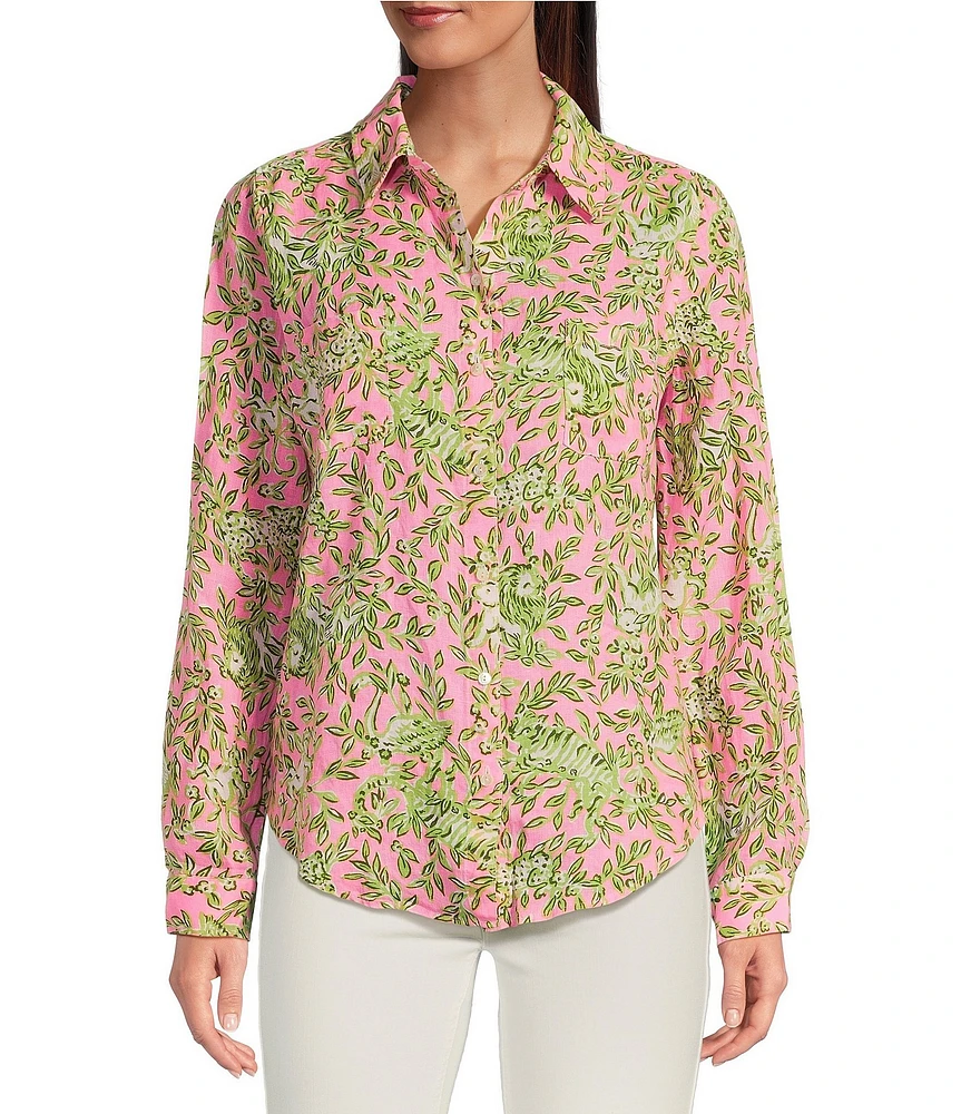 Lilly Pulitzer Sea View Woven Linen Printed Point Collar Long Sleeve Button Down Blouse