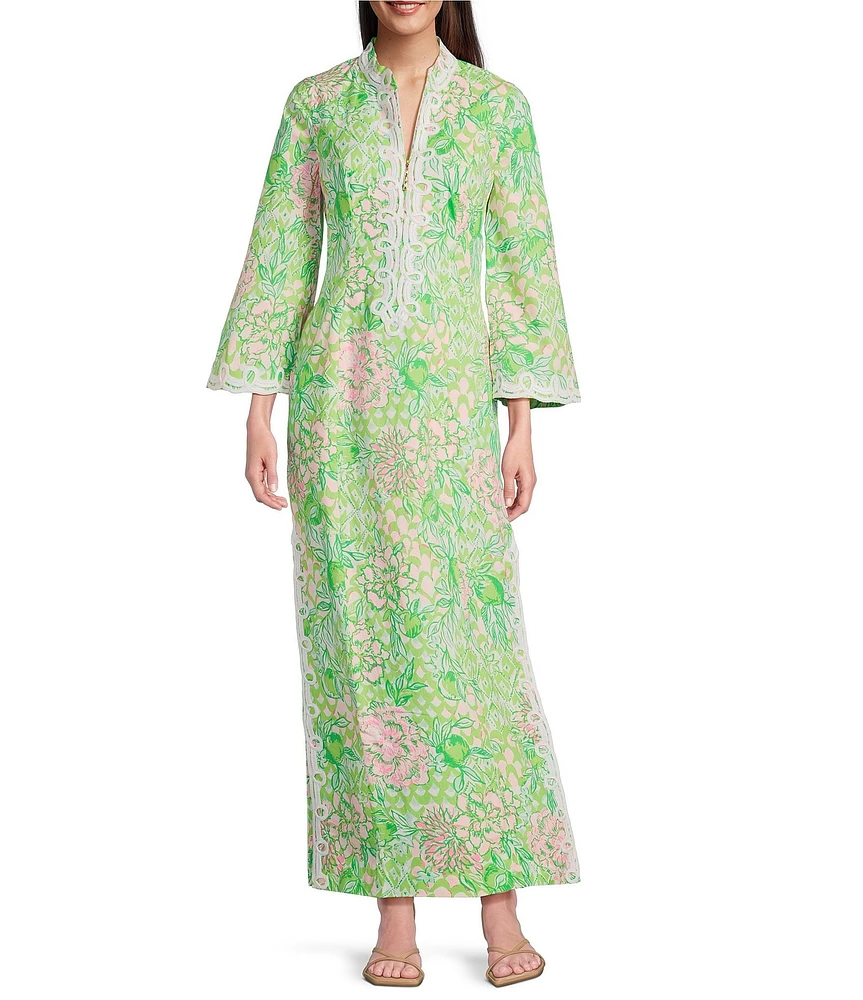 Lilly Pulitzer Shealyn Printed Poplin Stand Collar 3/4 Sleeve Lace Trim Shift Maxi Dress