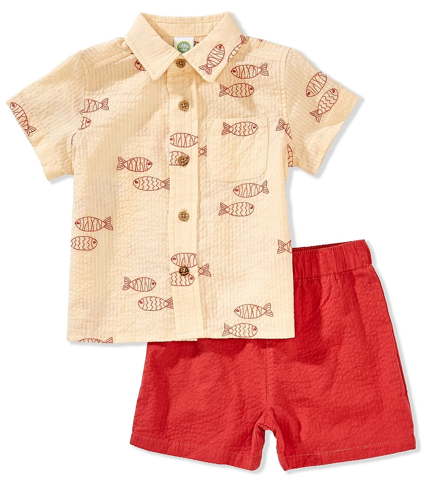 Little Me Baby Boys Short Sleeve Fish-Printed Woven Shirt & Solid Pull-On Shorts Set