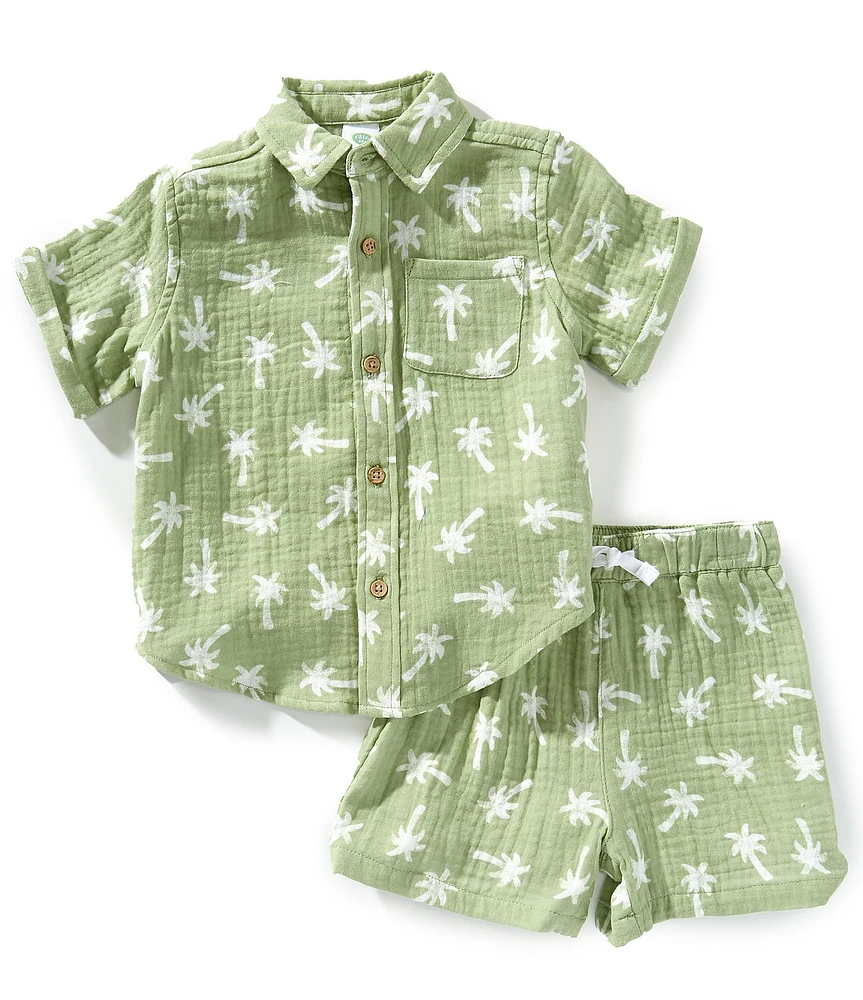 Little Me Baby Boys Short Sleeve Tropical-Printed Woven Shirt & Matching Pull-On Shorts Set