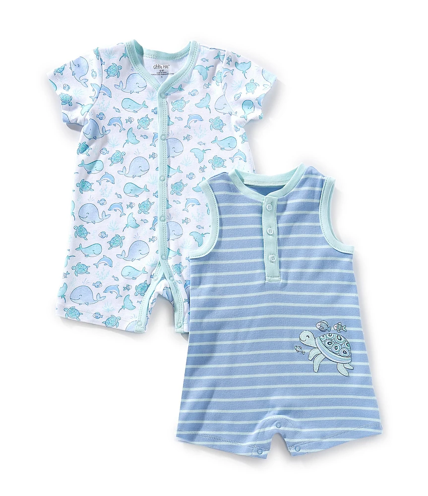 Little Me Baby Boys Short-Sleeve Sealife-Printed Shortall & Sleeveless Striped Sea Turtle Motif Shortall Two-Pack