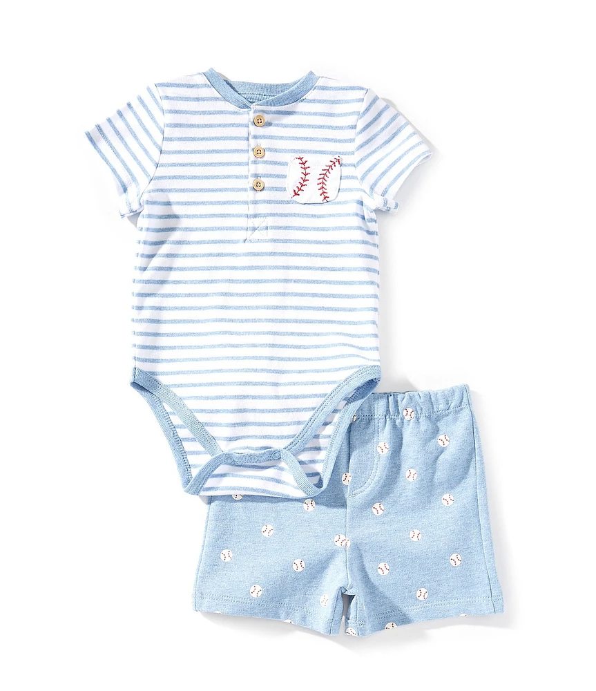 Little Me Baby Boys Short-Sleeve Striped Baseball-Motif Bodysuit & Baseball-Pattern Shorts Set