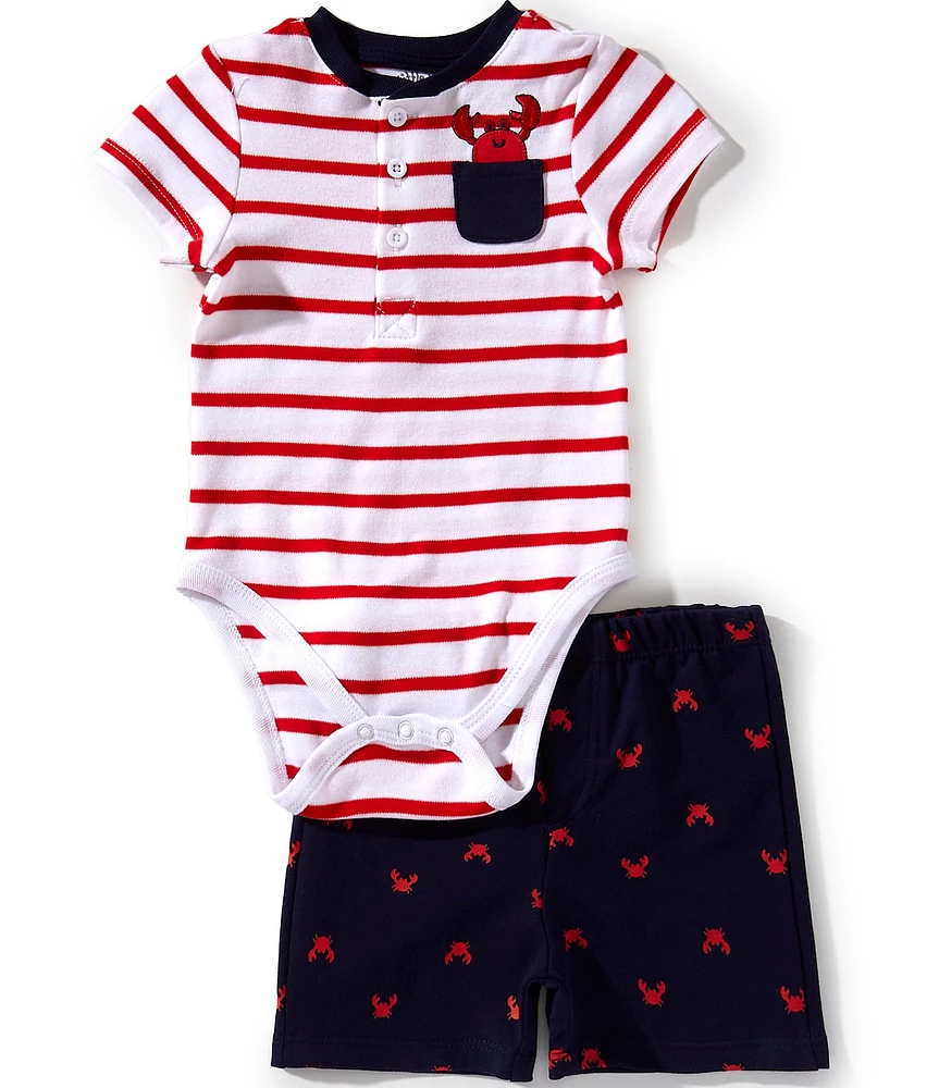 Little Me Baby Boys Short-Sleeve Striped Crab-Applique Bodysuit & Crab-Pattern Shorts Set