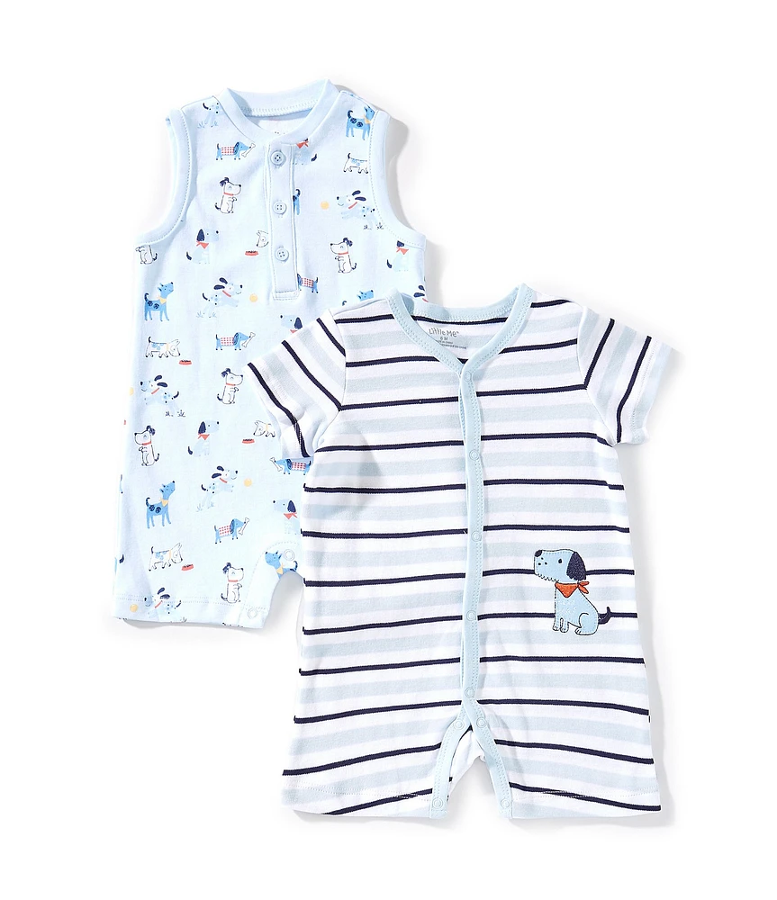 Little Me Baby Boys Short-Sleeve Striped Puppy-Applique Shortall & Sleeveless Puppy-Printed Shortall Two-Pack