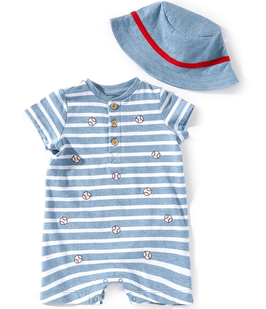 Little Me Baby Boys Short Sleeve Striped/Baseball-Pattern Shortall