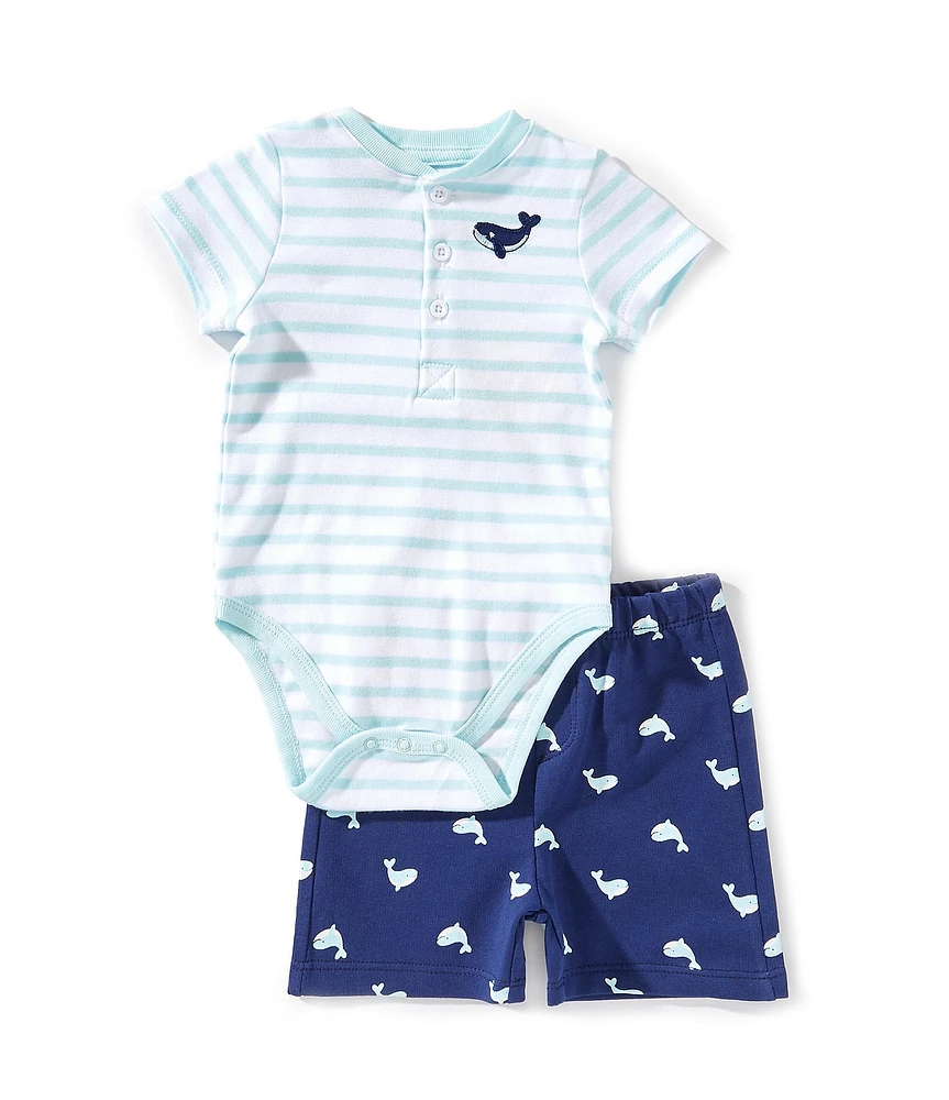 Little Me Baby Boys Short-Sleeve Striped/Whale-Motif Bodysuit & Whale-Printed Shorts Set