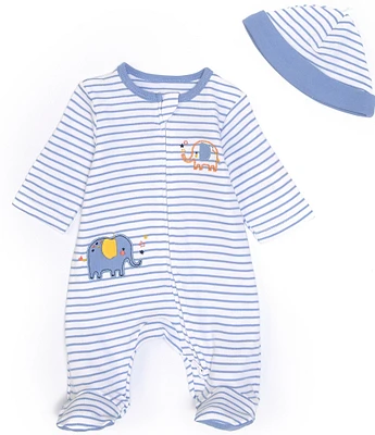 Little Me Baby Boys Elephant Zip Footed Coverall & Hat Set
