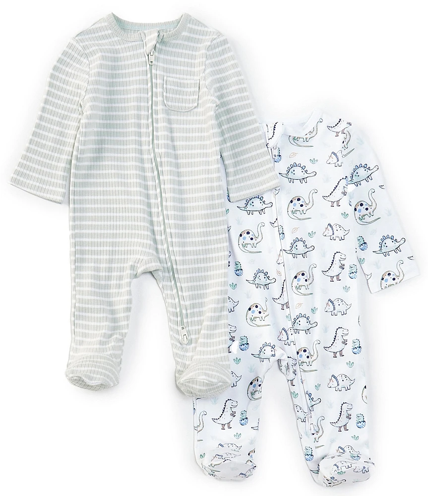 Little Me Baby Boys Long Sleeve Dinosaur-Printed/Striped Footed Coverall Two-Pack