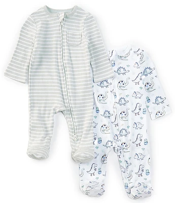 Little Me Baby Boys Long Sleeve Dinosaur-Printed/Striped Footed Coverall Two-Pack