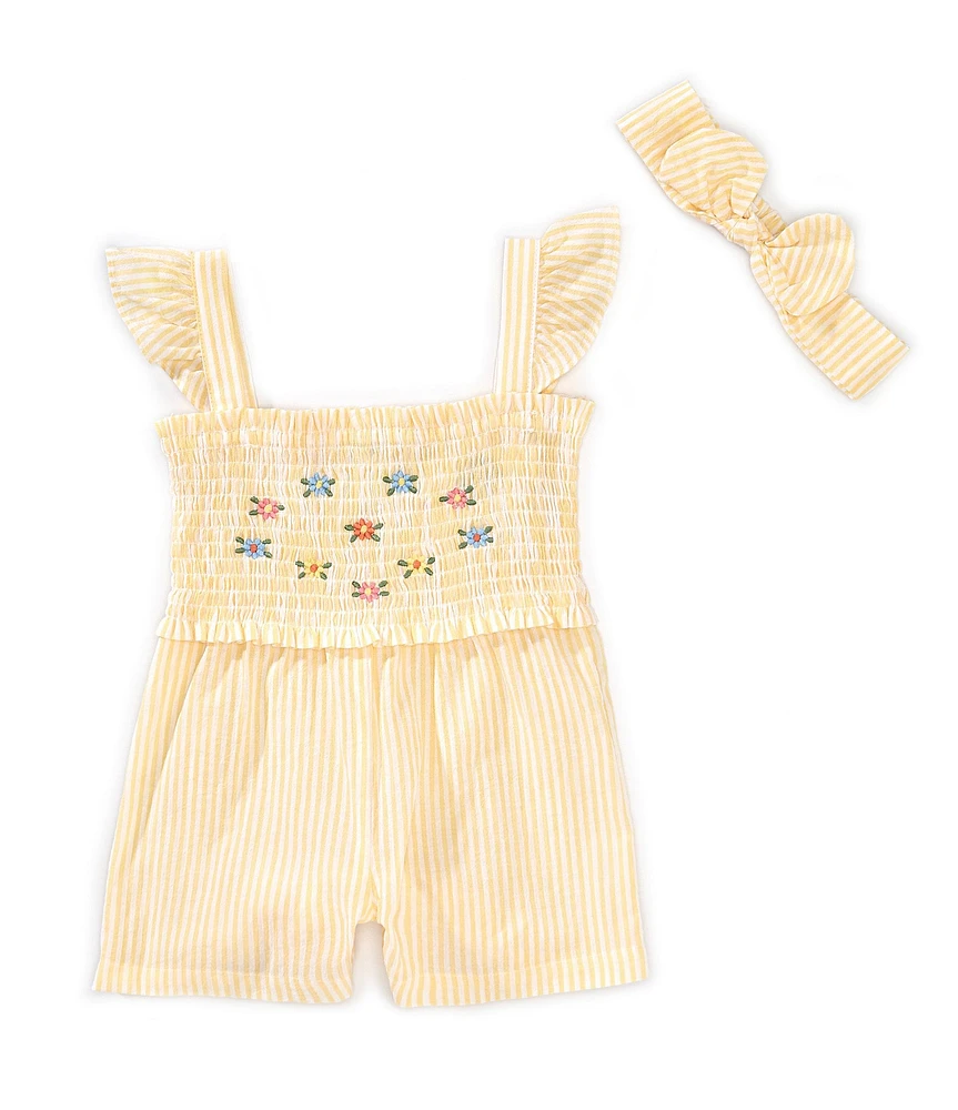 Little Me Baby Girls Sleeveless Flower-Appliqued Striped Romper