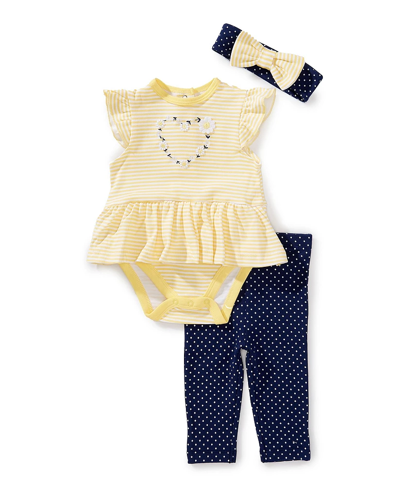 Little Me Baby Girls Flutter-Sleeve Daisy-Heart-Motif Striped Skirted Bodysuit & Polka-Dot Leggings Set