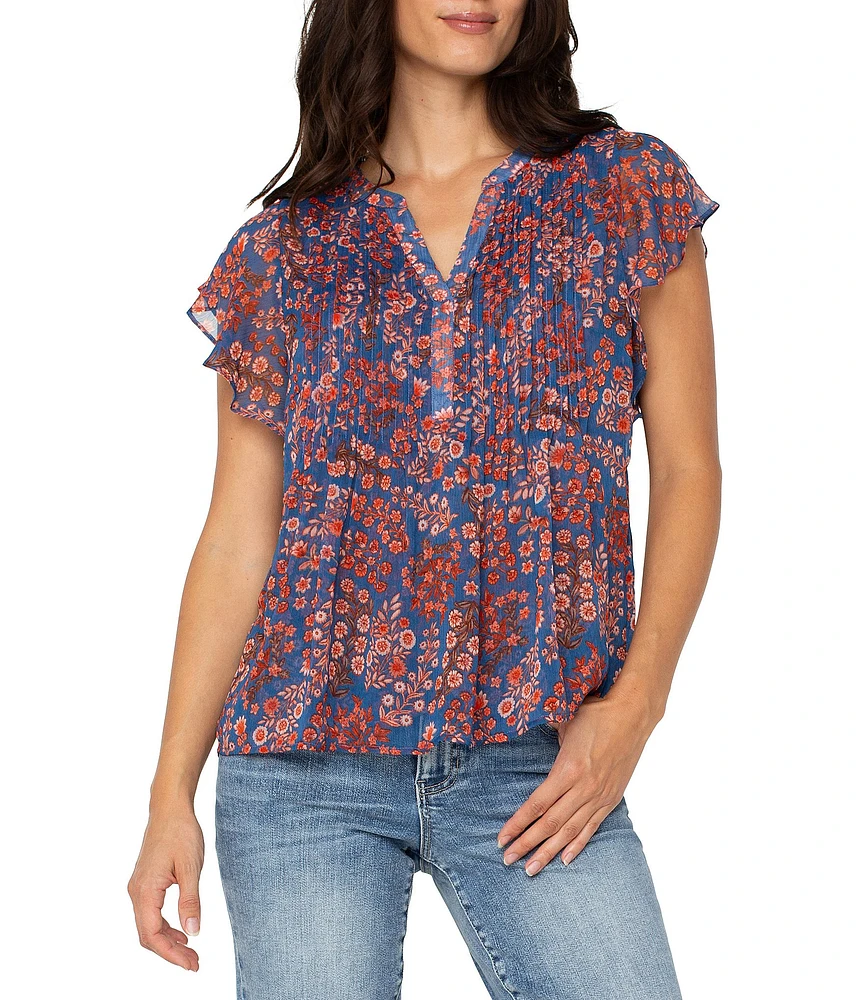 Liverpool Los Angeles Chiffon Floral Printed Split V-Neck Flutter Sleeve Blouse