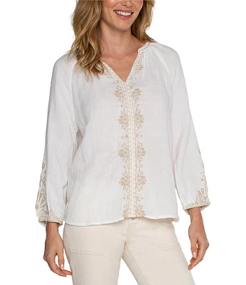 Liverpool Los Angeles Embroidered Split V Neck Long Sleeve Top