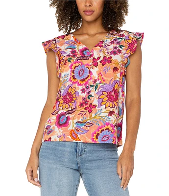 Liverpool Los Angeles Floral Print V-Neck Flutter Sleeve Shirt