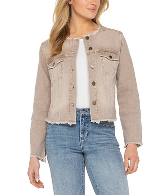 Liverpool Los Angeles Frayed Round Neck Long Sleeve Button Front Denim Jacket