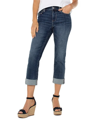 Liverpool Los Angeles Petite Size Charlie Stretch Denim Mid-Rise Straight Leg Wide Rolled Cuff Jeans