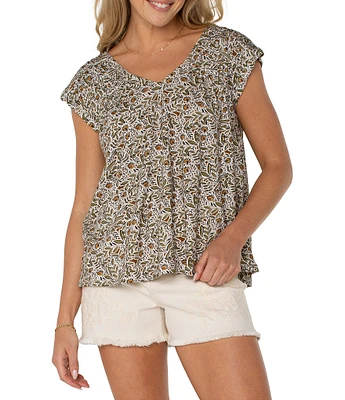 Liverpool Los Angeles Petite Size Printed V-Neck Short Sleeve Top