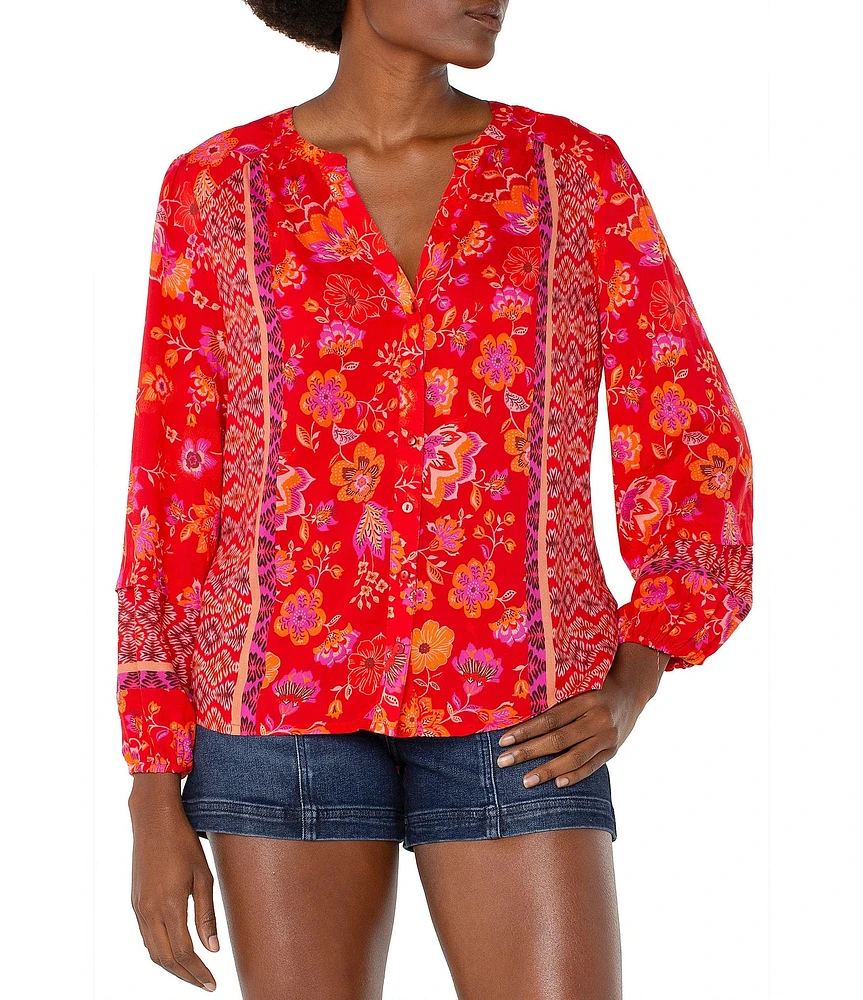 Liverpool Los Angeles Petite Size Woven Floral Split V-Neck Long Sleeve Button Front Blouse