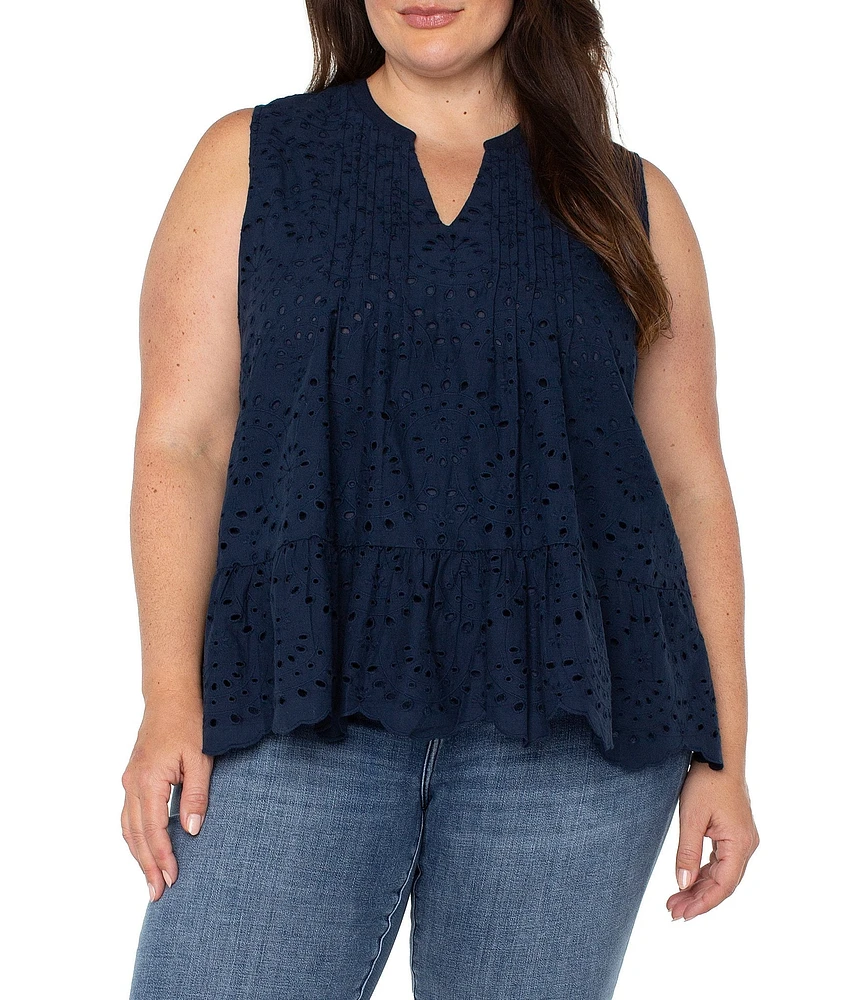 Liverpool Los Angeles Plus Size Allover Eyelet Embroidered Split Round V-Neck Sleeveless Top