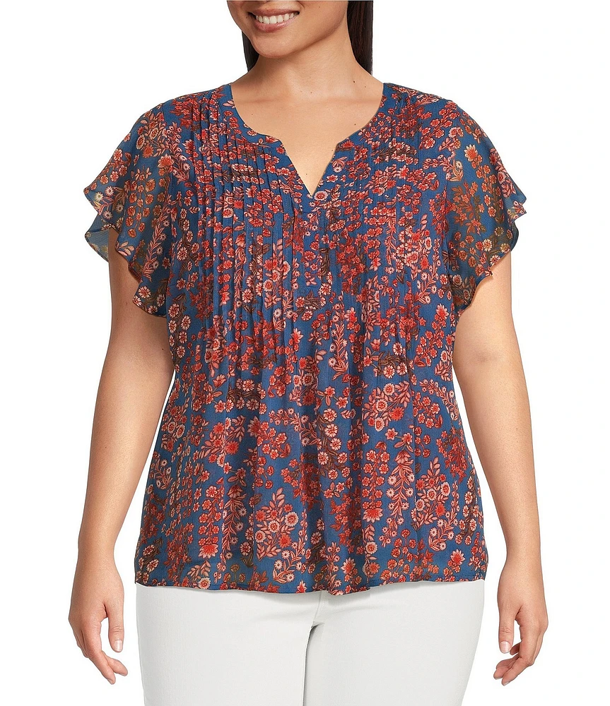 Liverpool Los Angeles Plus Size Chiffon Floral Printed Split V-Neck Flutter Sleeve Blouse