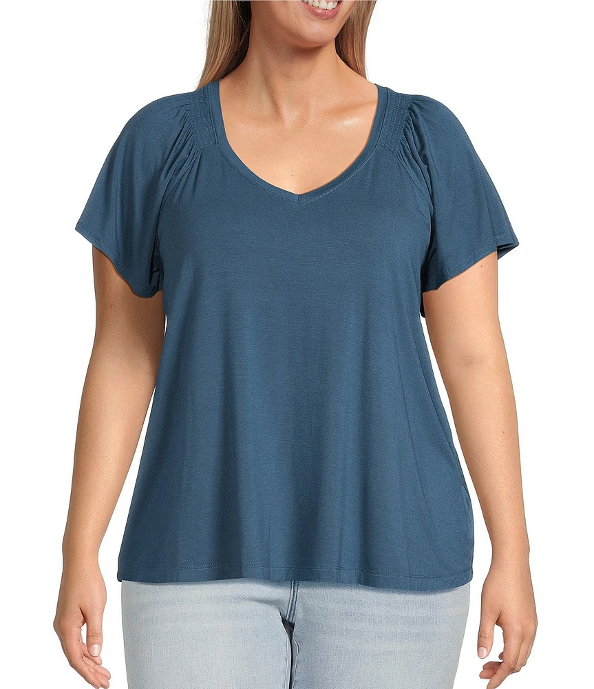 Liverpool Los Angeles Plus Size Jersey Knit V-Neck Short Flutter Sleeve Shirred Top