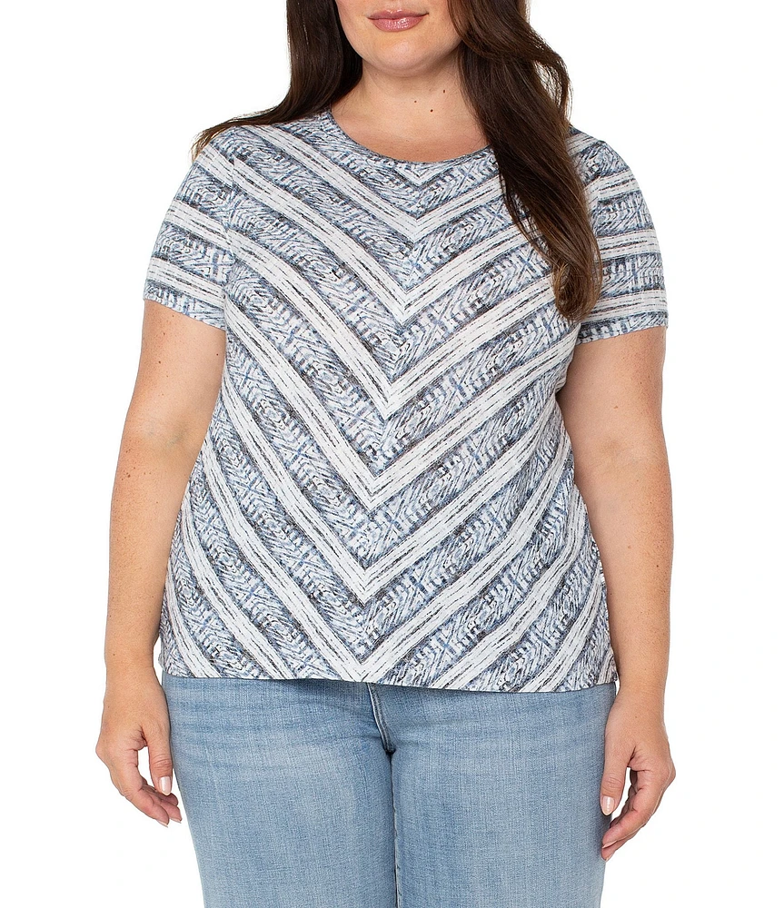 Liverpool Los Angeles Plus Size Knit Miter Indigo Ikats Stripe Scoop Neck Short Sleeve Top