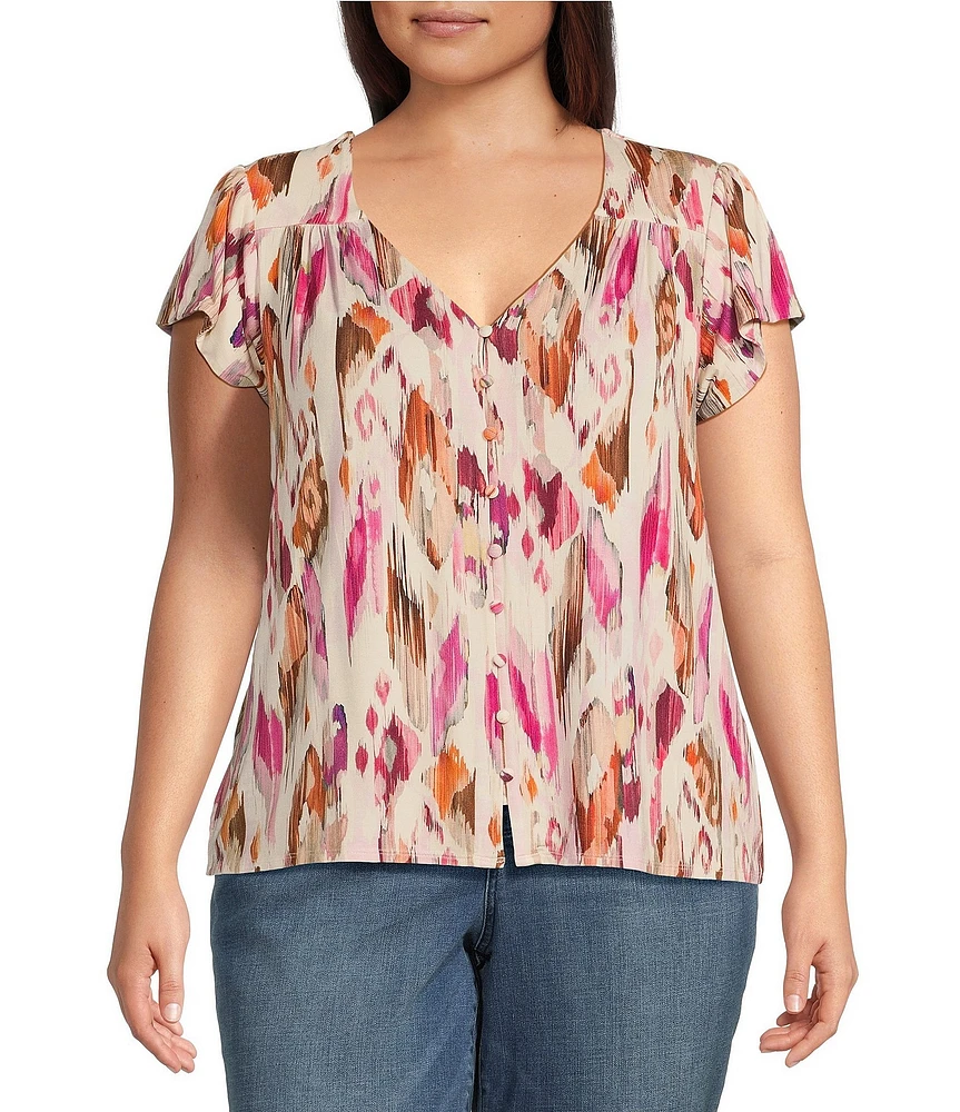 Liverpool Los Angeles Plus Size Knit Printed V-Neck Short Flutter Sleeve Top