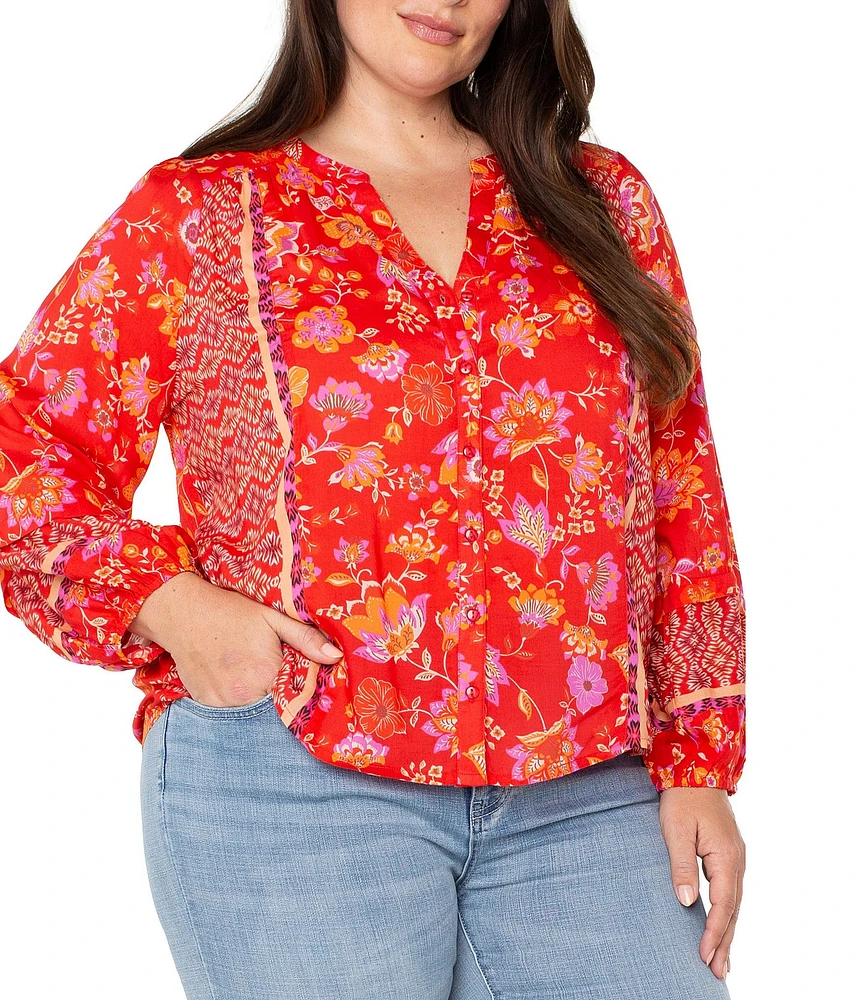 Liverpool Los Angeles Plus Size Woven Floral Split V-Neck Long Sleeve Button Front Blouse