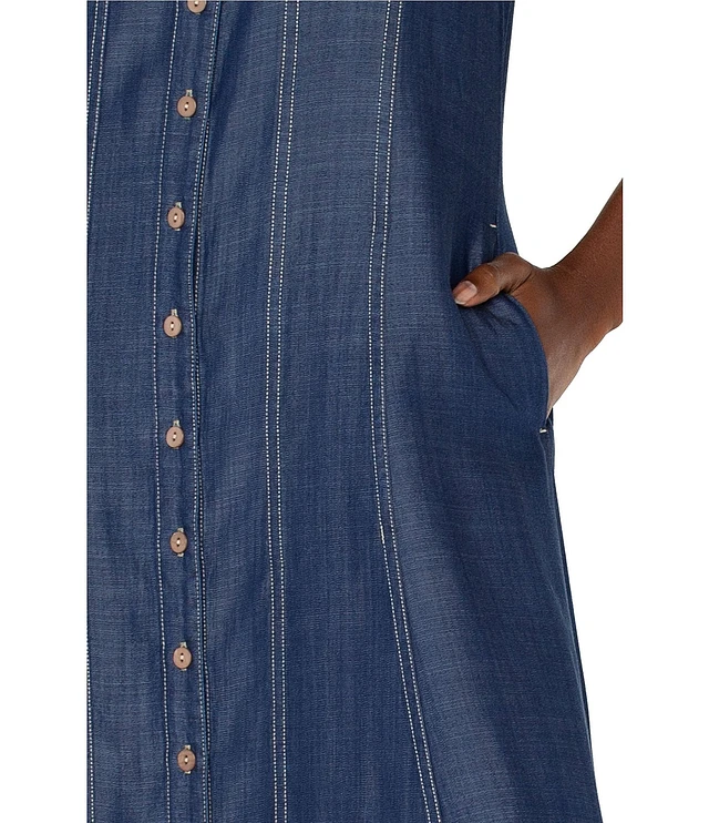 Liverpool Los Angeles Point Collar Sleeveless Denim Midi Dress