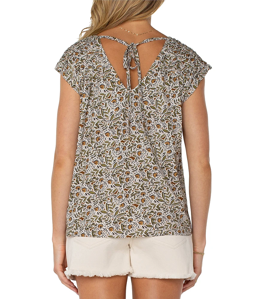 Liverpool Los Angeles Leaf Printed V-Neck Short Sleeve Top