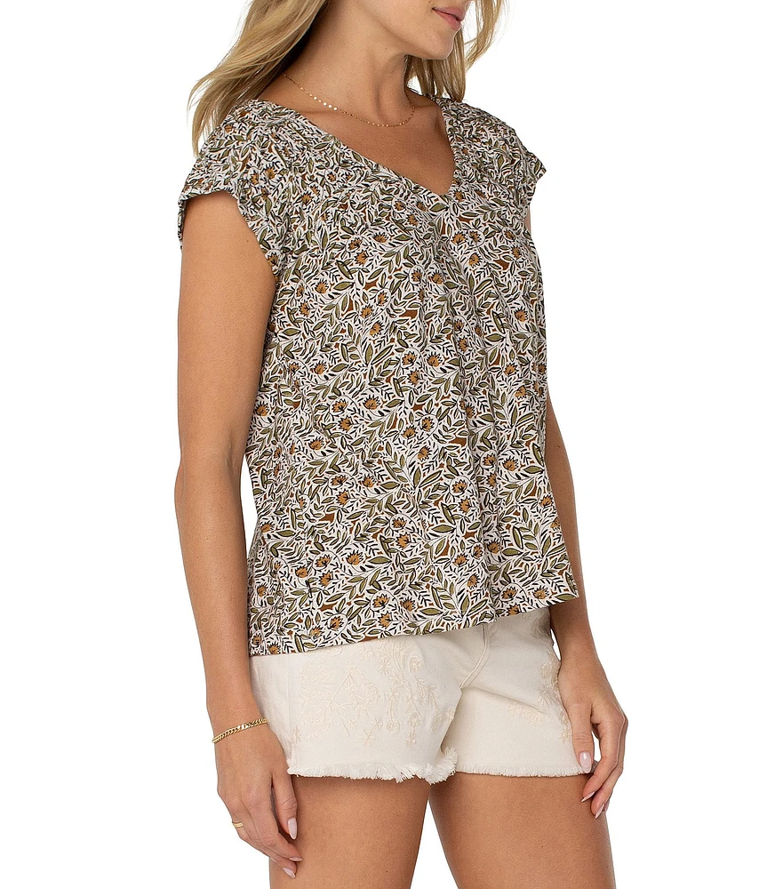 Liverpool Los Angeles Leaf Printed V-Neck Short Sleeve Top