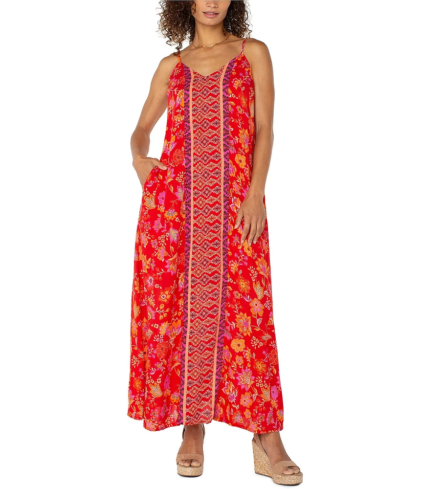 Liverpool Los Angeles Woven Floral Print V-Neck Sleeveless A-Line Maxi Dress