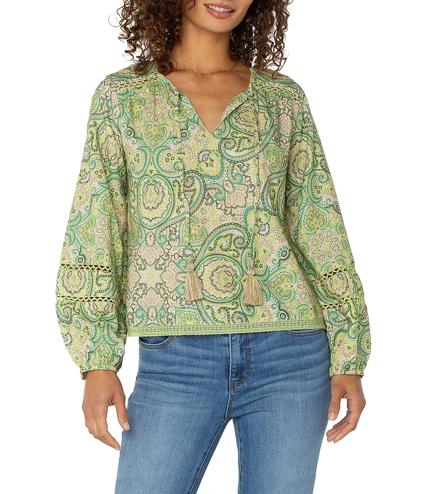 Liverpool Los Angeles Woven Paisley Print V-Neck Long Sleeve Shirred Blouse