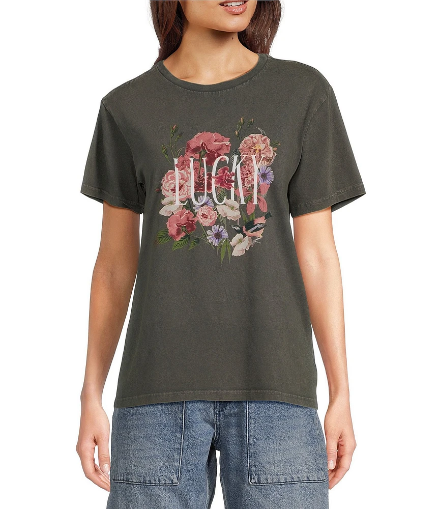 Lucky Brand Knit Bouquet Print Crew Neck Short Sleeve Tee
