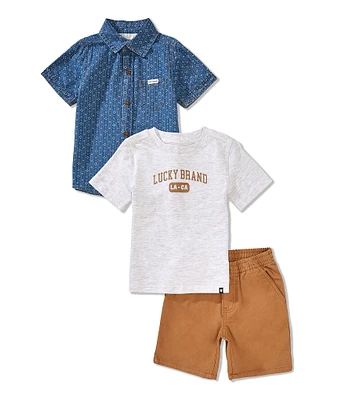 Lucky Brand Little Boys Short Sleeve Woven Shirt & Crewneck T-Shirt & Twill Short 3-Piece Set