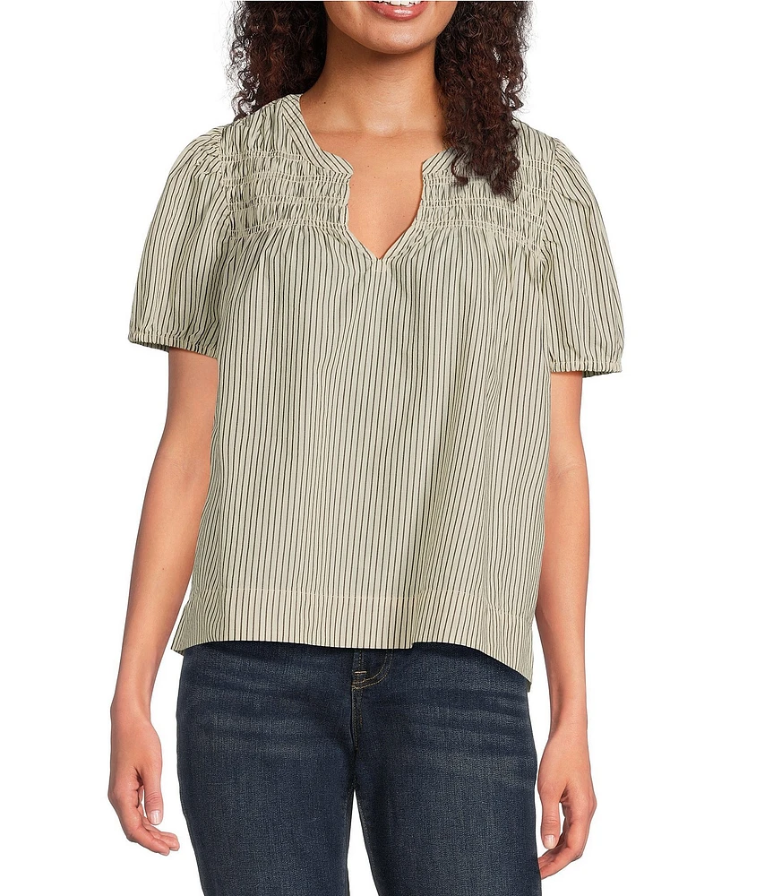 Lucky Brand V-Neck Puff Short Sleeve Soft Cotton Stripe Top
