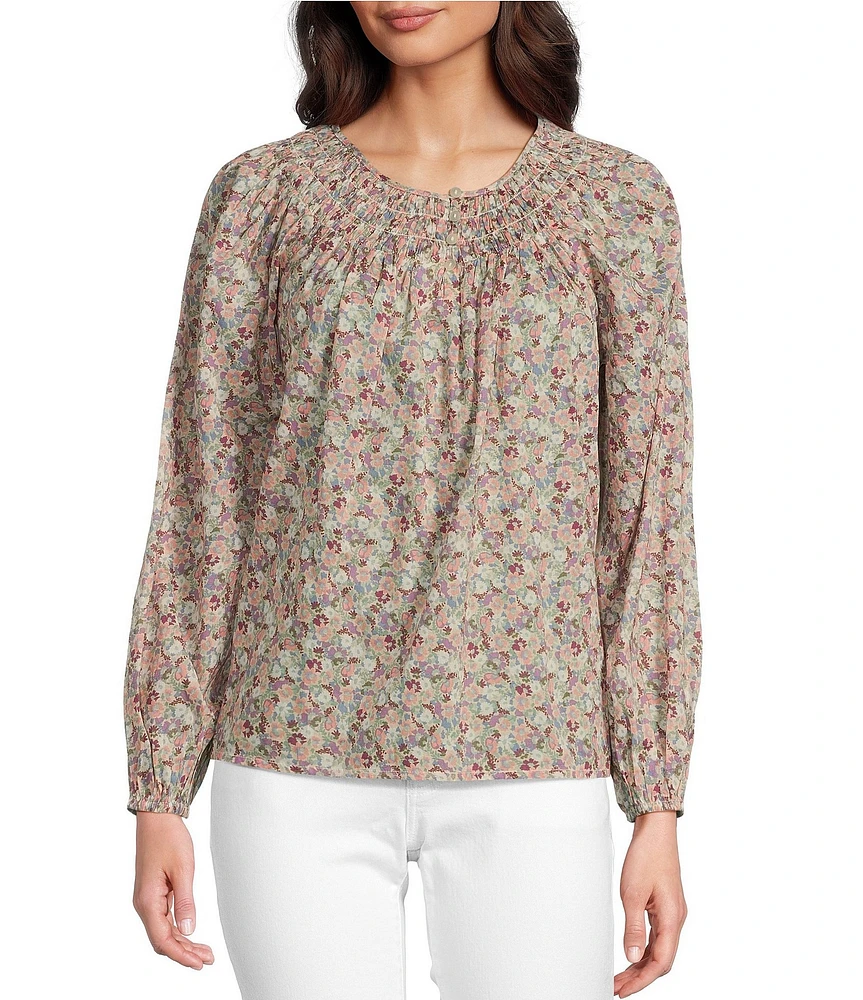 Lucky Brand Woven Floral Print Crew Neck Long Sleeve Smocked Button Front Blouse