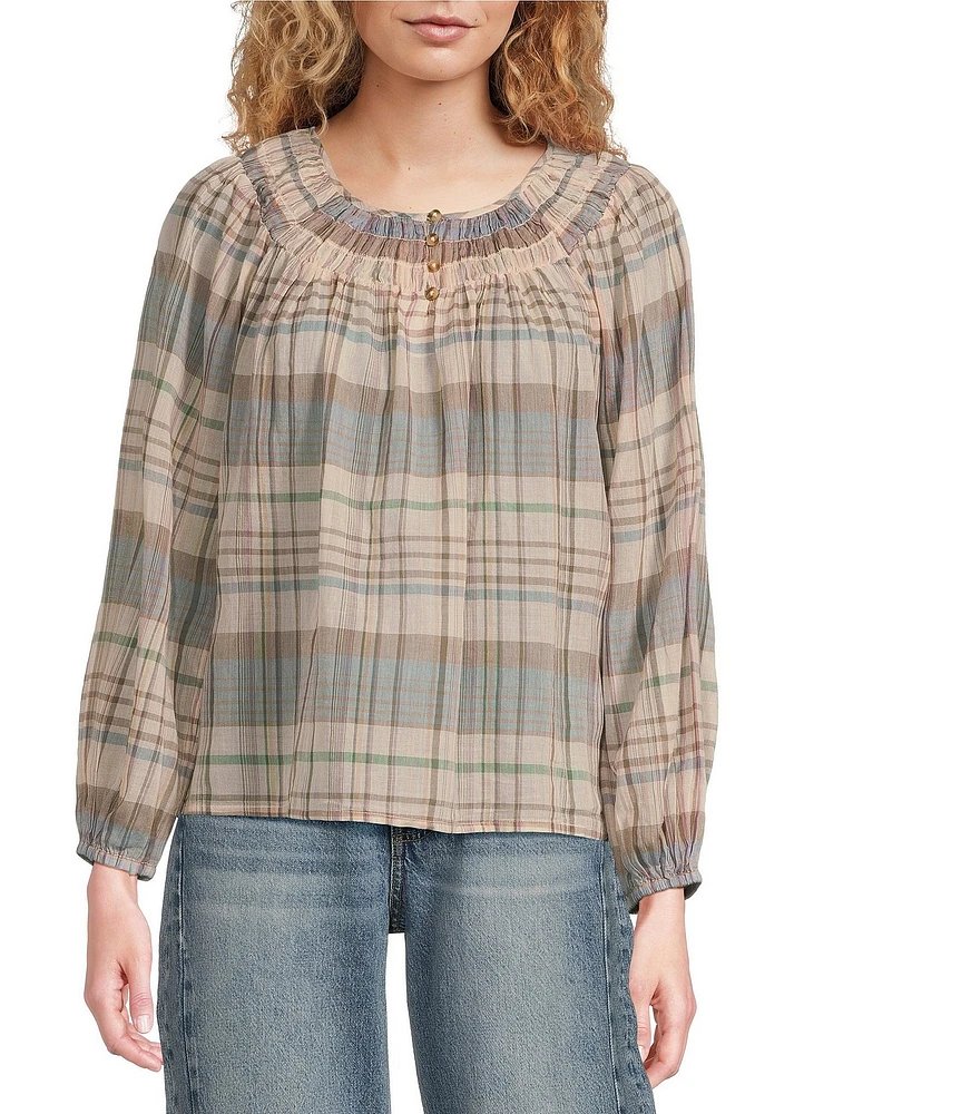 Lucky Brand Woven Stripe Print Round Neck Long Sleeve Button-Front Top