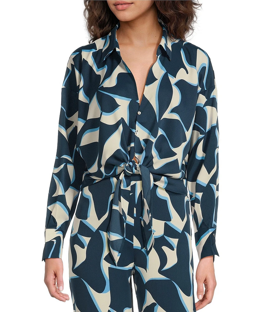 Lucy Paris Coordinating Rue Geo Print V Neck Tie Front Long Sleeve Top