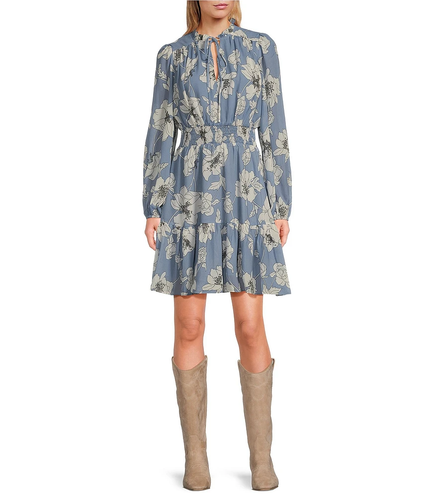 Lucy Paris Dallas Floral Print Split Round Neck Long Sleeve Dress