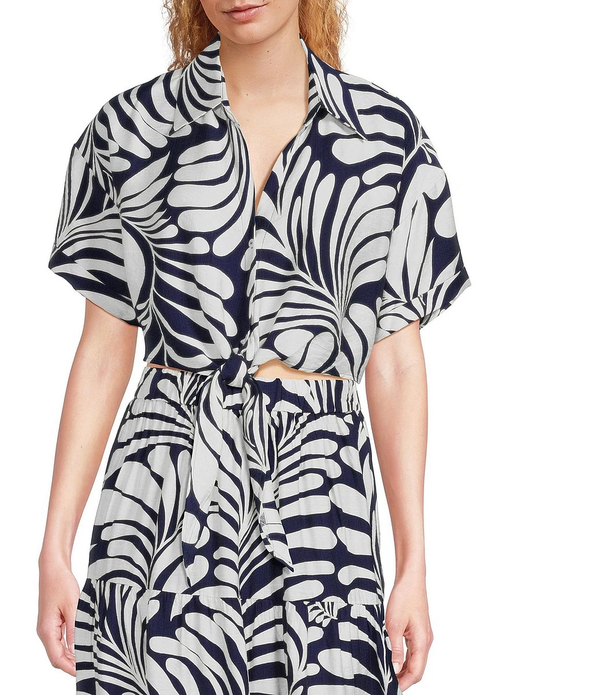 Lucy Paris Emily Woven Printed Collared V-Neck Short Sleeve Tie Front Coordinating Top
