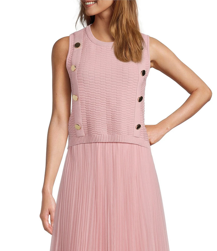 Lucy Paris Kaimi Crew Neck Sleeveless Button Detail Knit Sweater