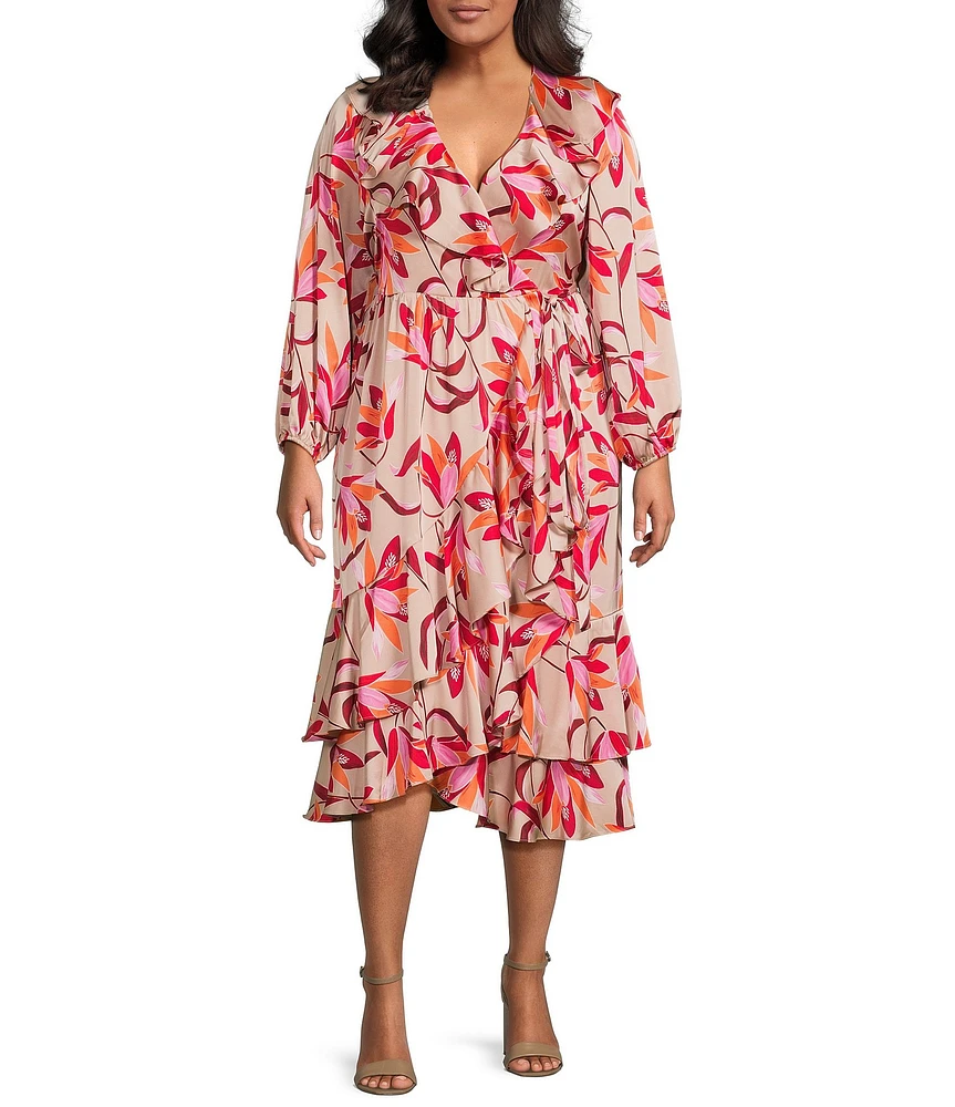 Lucy Paris Plus Naella Floral Printed Ruffled Faux-Wrap Midi Dress