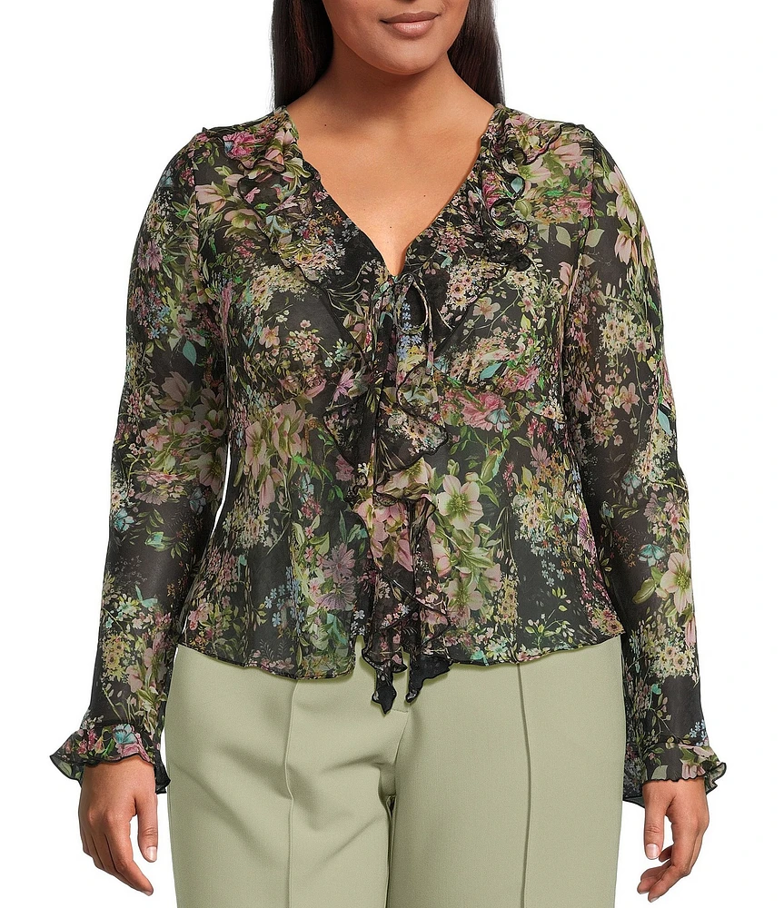 Lucy Paris Plus Niamh Floral Printed Long-Sleeve Ruffled Top