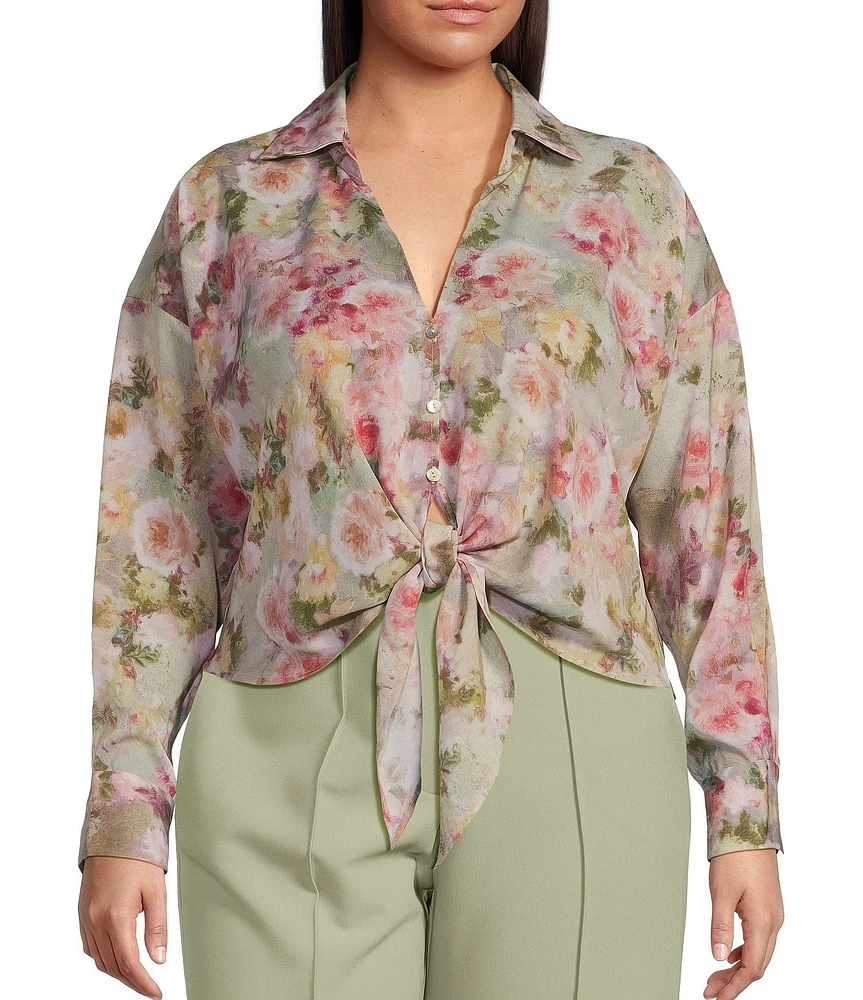 Lucy Paris Plus Rue Floral Printed Long Sleeve Tie Front Top