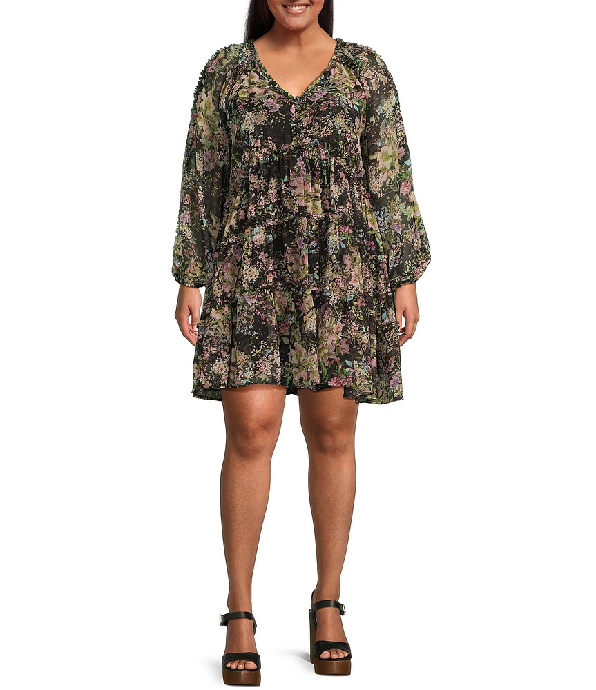 Lucy Paris Plus Size Carmina Floral Printed Long Sleeve Tiered Fit-And-Flare Dress