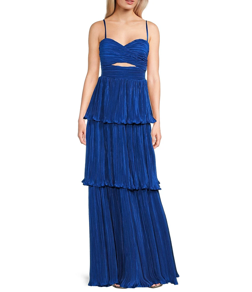 Lulus Plisse Fortuna Tiered Sweetheart Neckline Cut Out Long Dress