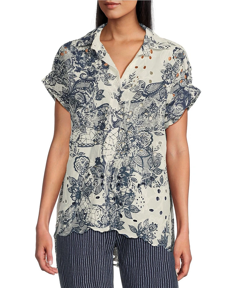 M Made in Italy Cotton Eyelet Point Collar Short Sleeve Hi-Low Shirt
