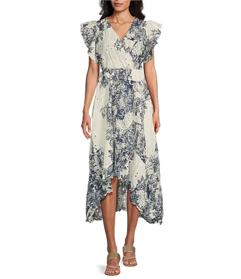 M Made in Italy Cotton Eyelet Ruffle Sleeve High-Low Midi Dress