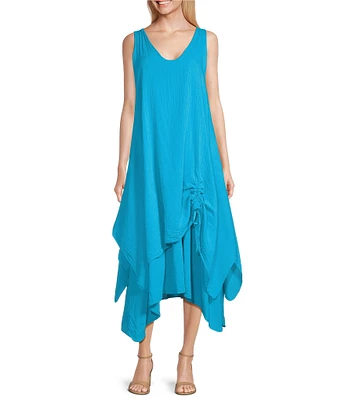 M Made in Italy Cotton Gauze V-Neck Sleeveless Layered Ruched Drawstring Midi A-Line Dress
